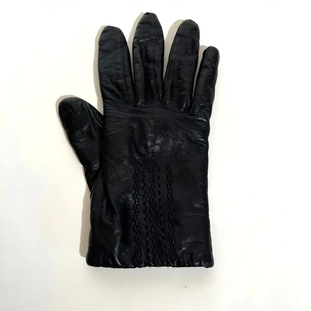 Van Raalte Black Leather Gloves 1980s Vintage Medium Knit Lining Vintage Retro